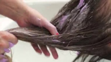 Kırmızı manikürlü kadın elleri ıslak uzun saçlara mor köpük sürüp dağıtır.