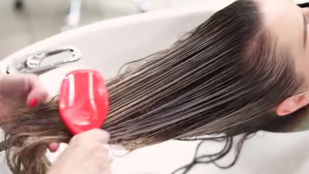 Cabeleireiro Pentear Cabelo Molhado Com Uma Escova Vermelha Distribuindo Uma — Vídeo de Stock