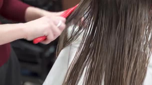 Tangan Wanita Dengan Manikur Merah Menyisir Rambut Panjang Basah Dengan — Stok Video