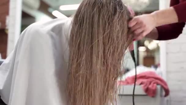 Kuaförün Elleri Kızın Uzun Sarı Saçlarını Kafasından Aşağı Üflüyor — Stok video
