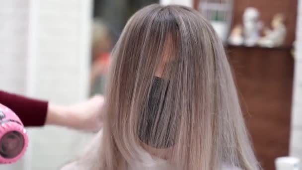 Hairdresser Beauty Salon Stretches Dries Blonde Girl Hair Brush — Stock Video