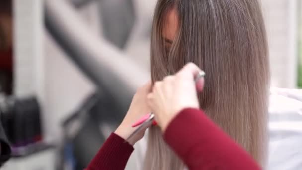 Gunting Tangan Seorang Penata Rambut Memotong Ujung Rambut Seorang Gadis — Stok Video