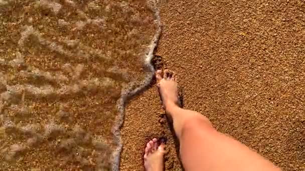 Widok Góry Piękne Smukłe Nogi Żeńskie Które Chodzą Wzdłuż Morza — Wideo stockowe