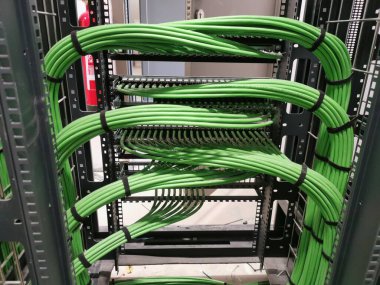 rj-45 konnektörlü bir veri aktarım rafının kablosu.