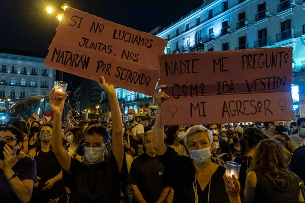 Madrid Spain June 2021 Banners Rally Feminist Movement Repudiation All — Stock Photo, Image