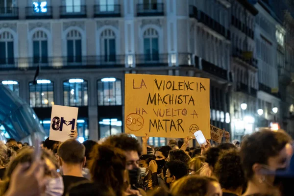 Madrid España Junio 2021 Banners Mitin Del Movimiento Feminista Repudio —  Fotos de Stock