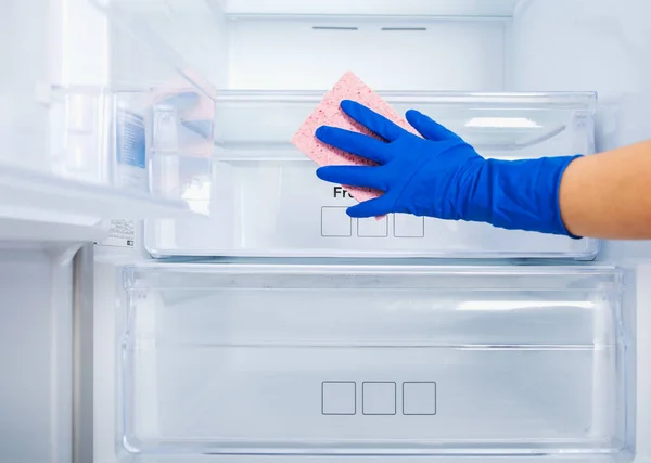 A woman's hand in a blue rubber protective glove and a pink sponge washes and cleans the refrigerator shelves. Cleaning service, housewife, routine housework. Boxes for vegetables, fruits and meat