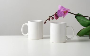 Minimalist bir iç mekânda orkide dekoru olan iki beyaz bardağın maketi. Tasarımınız için şablon, reklam, fotokopi alanı olan logo. Bardaklar açık gri arka plan. Gerçek fotoğraf..