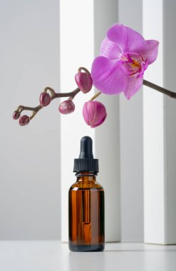 Mockup kozmetik yüz serumu kahverengi cam şişe üzerinde pipeti olan şık, minimalist beyaz arka plan geometrik dekor ve orkide çiçekleri olan. Kadın güzellik konsepti, boş şablon. Dikey fotoğraf