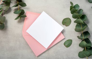 Gerçek fotoğraf. Okaliptüs dallı pembe zarf kare davetiye modeli. Fotokopi alanı ve açık gri beton arkaplanı olan üst manzara. Markalaşma ve reklam şablonu