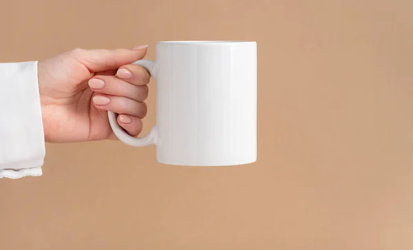 Female Hands Holding Mockup White Empty Mug Cup Coffee Tea — Stock Photo, Image