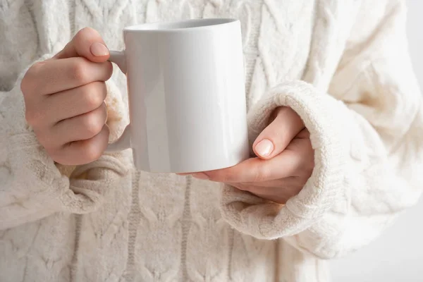 Female Hands Hold Mock White Empty Mug Cup Your Design — Stock Photo, Image
