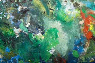 Palet bıçağıyla boyanmış renkli soyut resim ve yeşil tonlarda yağlı boya, turuncu