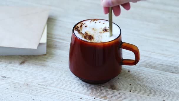 Capuchino, latte con leche espumosa en taza. Cuchara cucharadas de crema batida, espolvoreada con canela molida y cacao en polvo, de vidrio de café. — Vídeos de Stock