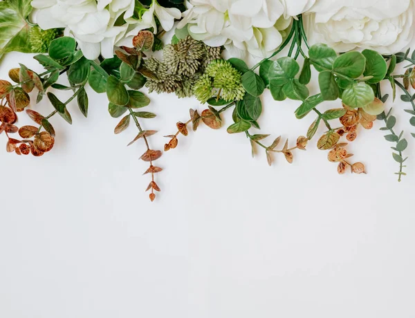 Flores e plantas na forma de uma moldura em um quadro de fundo branco — Fotografia de Stock