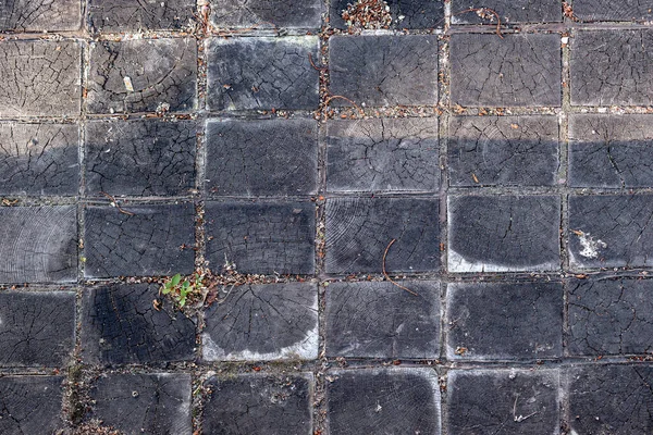 Texture of wood tiles in the park. Wooden paving stone