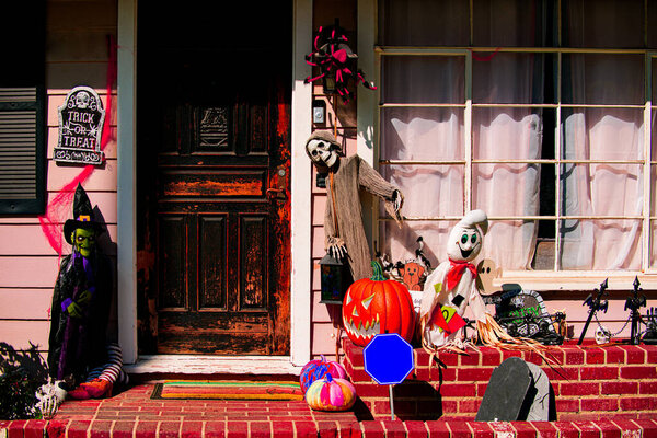 Death image. Trick or treat. Halloween scenery. Terrible holiday at home. Halloween in the USA. Traditions and house decor. Terrible creatures.