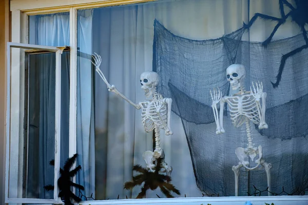 窓から手を振っている骨格。幸せな骨格だ。ハロウィンの風景。自宅で恐ろしい休日。アメリカのハロウィン。伝統と家の装飾。恐ろしい生き物だ. — ストック写真