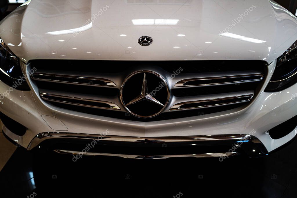 Miami, Florida, USA - JUNE 2020: Mercedes Benz close up. Mercedez logo. Super car. Beautiful expensive car Horsepower