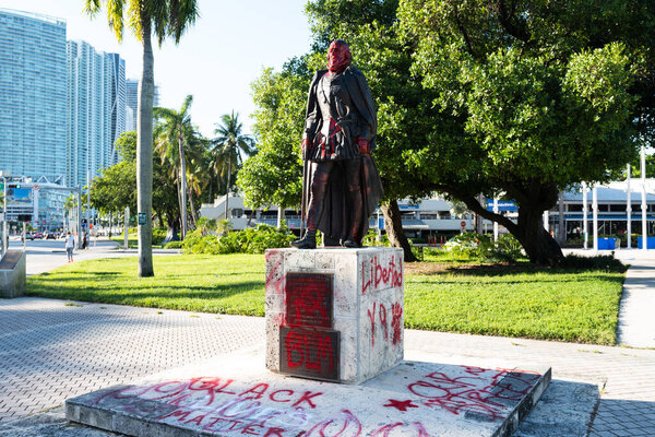 Miami Downtown, FL, USA - JUNE, 2020: Violent protests against Juan Ponce de Leon in Miami downtown, who may have accompanied Christopher Columbus. Protests against colonizers.