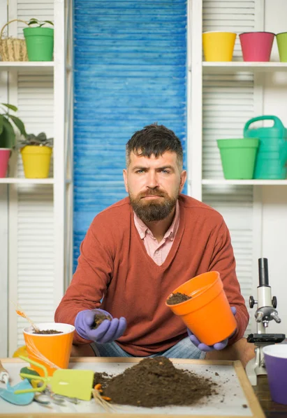 Jardinero casero. Hombre barbudo plantando flores en maceta en casa. Padre.. — Foto de Stock