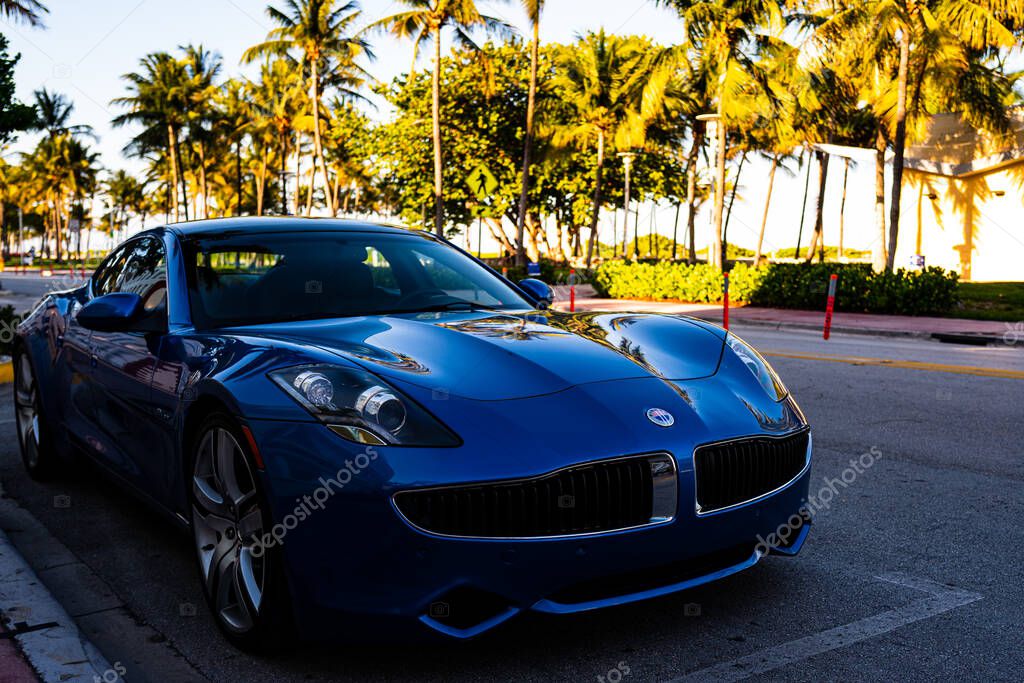 Miami, Florida, USA - JUNE 2020: Miami Super car. Beautiful expensive car. Horsepower. Fisker