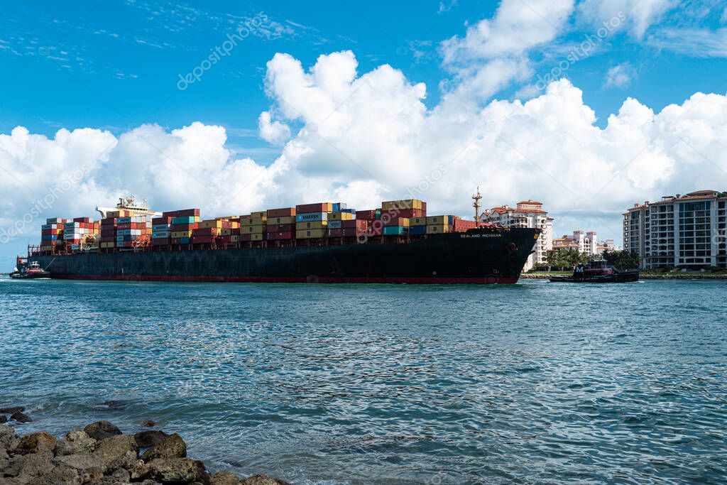 Miami Beach, Florida, USA - 2020: Cargo Ship. Container, import export commerce business trade logistic and transportation. Sealand Michigan.