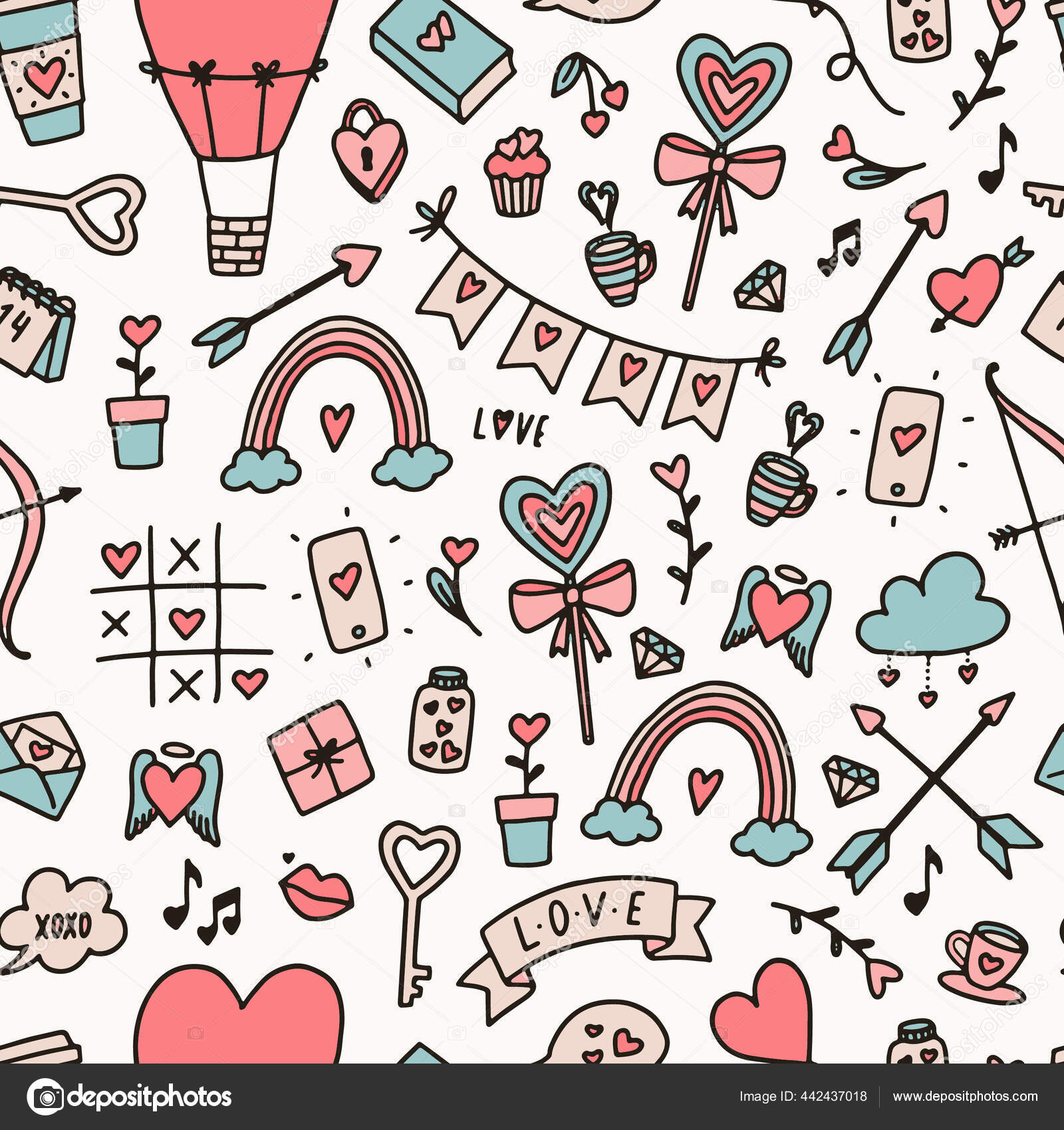 Valentine's Day Seamless Pattern Doodles Wrapping Paper Textile Prints  Backgrounds Stock Illustration by ©NatalieArtSaban #442437018