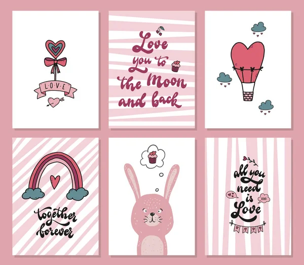 バレンタインデーのグリーティングカードのセットがドアやレタリングの引用符で飾られている — ストック写真
