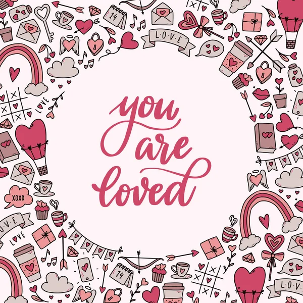 Fröhlicher Valentinstag Zitat Verziert Mit Kreisrahmen Mit Herzen Für Poster — Stockfoto