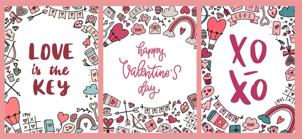 Набір Вітальних Листівок День Святого Валентина Плакатів Гравюр Запрошень Прикрашених — стокове фото