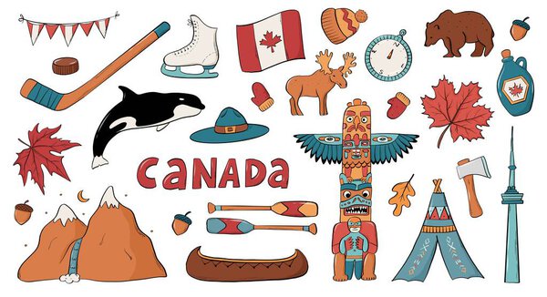 Canada doodles set, cartoon elements collection for posters, cards, stickers, etc.
