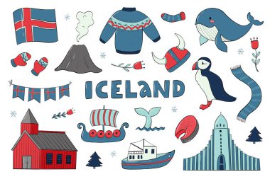 Çıkartmalar, baskılar, afişler, tabelalar, sosyal medya görselleri için İzlanda karalama koleksiyonu. EPS 10
