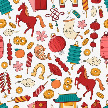 Çin yeni yılı duvar kağıtları, ambalaj kağıtları, ambalajlar, tekstil baskıları, arka planlar vs. için kusursuz desenler çizer. EPS 10