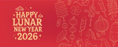 Mutlu Ay Yeni Yılı 2026 yazıları pankartlar, baskılar, şablonlar, kartlar, posterler, davetiyeler için karalamalarla süslenmiş. EPS 10