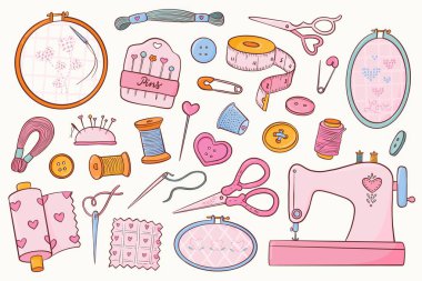 Nakış ve dikiş karalamaları, çıkartmalar, baskılar, planlamacılar, kartlar, afişler, ürün ambalajları gibi şeyler için çizgi film ögeleri koleksiyonu. EPS 10