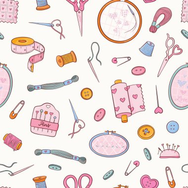 Dikiş ve nakış aletleri, iplikler, düğmeler, tekstil baskıları için iğneler, el işi temaları, duvar kağıtları, dijital kağıt, arka plan ve hobi tasarımları. EPS 10