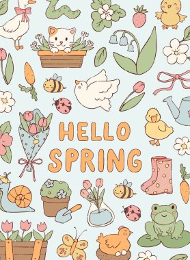 Merhaba bahar mektupları, afişler, posterler, kartlar, davetiyeler, şablonlar, baskılar için mavi zemin üzerine şirin kawaii karalamalarıyla süslenmiş. EPS 10