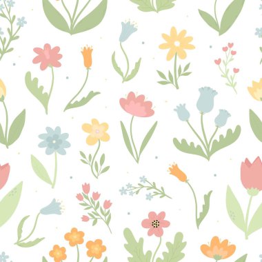 Tatlı pastel yaban çiçekleri çocuk resimleri, çocuk giysileri, kırtasiye malzemeleri, duvar kâğıdı, ambalaj kağıdı, tekstil, arka plan, afişler vb. EPS 10