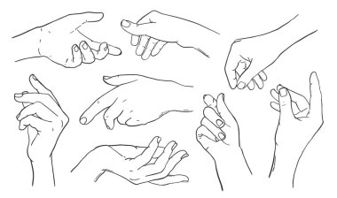 Parmak izleri, kartlar, tabelalar, sosyal medya görselleri, posterleri vs. için farklı pozisyonlardaki insan elleri tek renkli koleksiyon. EPS 10