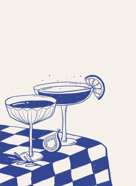 Kafe markası, ambalajlama, posterler, kartlar, afişler, şarap kadehli baskılar için klasik resim çizimi. EPS 10