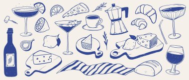 İçinde kahve, kruvasan, peynir tahtası, şarap ve kokteyller bulunan mavi çizgili resim seti. Cafe markası, ambalaj ve posterler için klasik tarzda el yapımı yemek koleksiyonu.