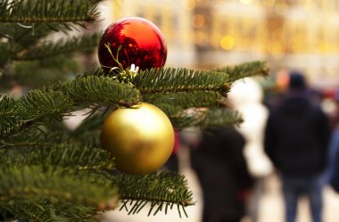 Şehirdeki köknar dallarına asılı tatil topları. Süslü yeni yıl ağacı, tatilin büyüsü