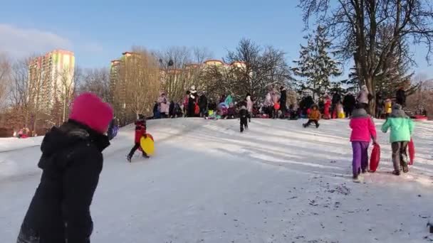 Niños Bajando Colina Blanca Invierno Divertirse Las Vacaciones Invierno Paseos — Vídeo de stock