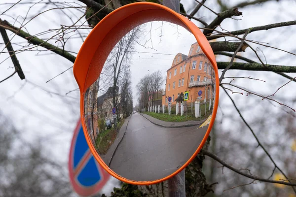 Autumn Reflection City Street Outdoor Convex Mirror — Stock Photo, Image