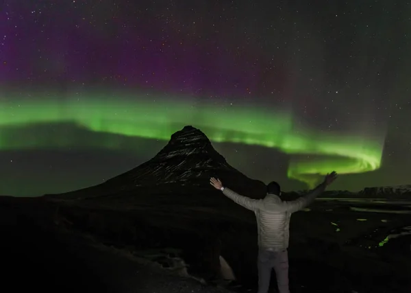 Aurora Kirkjufell Diğer Adıyla Zlanda Daki Kilise Dağı — Stok fotoğraf