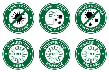   Coronavirus covid-19 serbest bölge. Yuvarlak tabela, dezenfekte edilmiş bölgelerin sembolü, covid-19 yüzeyleri. Beyaz arkaplanda şablonlar, afişler, posterler, çıkartmalar için vektör illüstrasyonu izole edildi.
