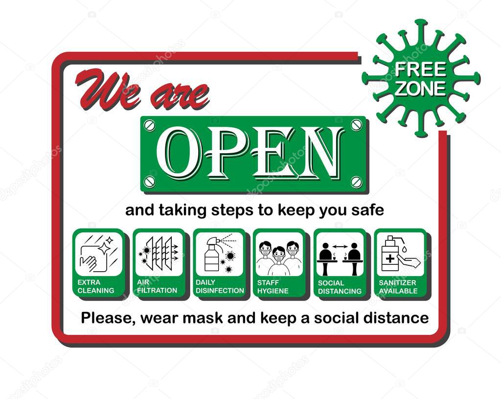   Grand reopening sign. Welcome back. We are open again. Coronavirus covid-19 free zone, area. Preventive protective measures for restaurants, stores. Vector templates for posters, stickers, banners.