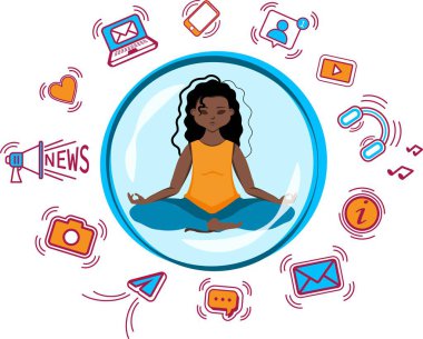   Düz vektör çizimi. Nilüfer çiçeğinin içinde oturmuş meditasyon yapan kadın balonun içindeki bilgi akışından kendini güvende hissediyor. Moda stresi azaltma pratiği. Dijital bağımlılık problemi ve çözümü.