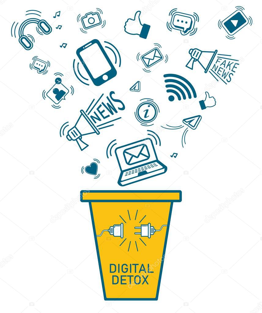   Digital detox. Modern trendy flat digital and information icons going into a garbage basket. Digital addiction problem and solution. Vector illustration isolated on white background. 